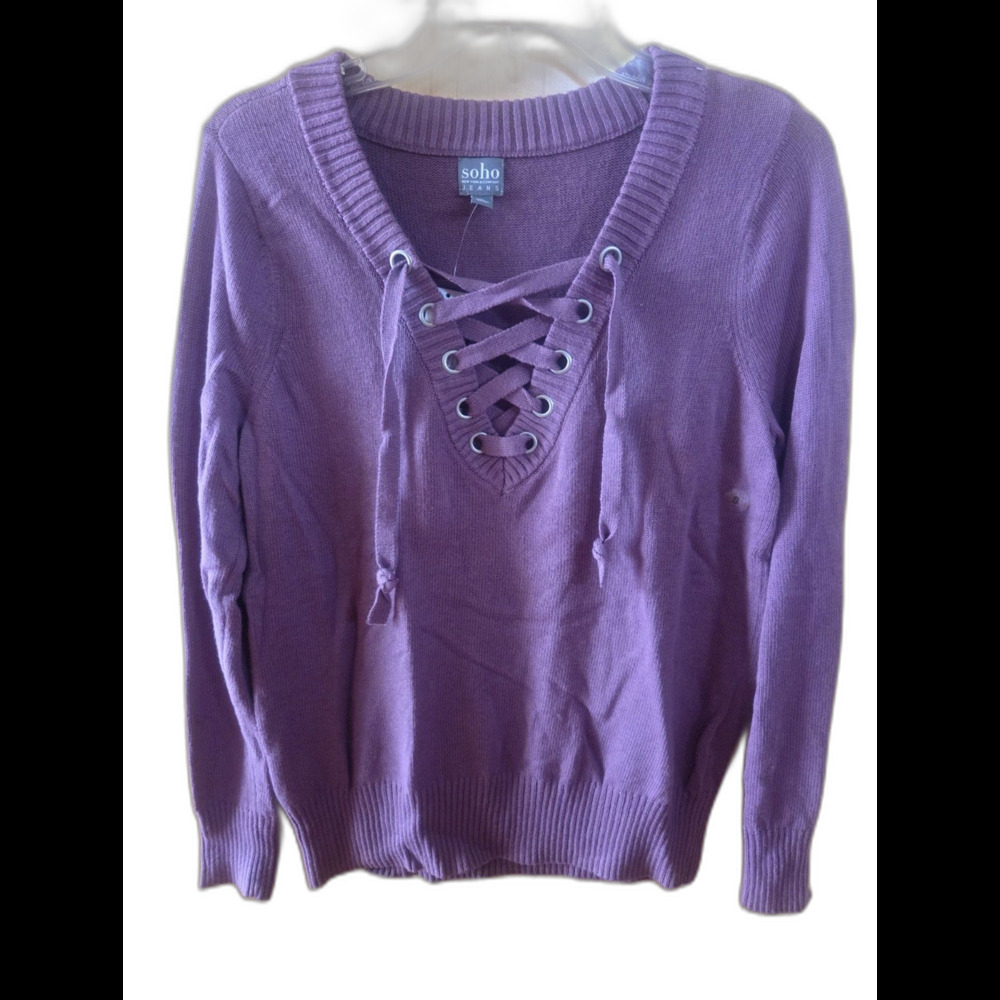NWT Soho Jeans New York & Company Purple Lace-Up V-Neck Pullover Sweater SMALL